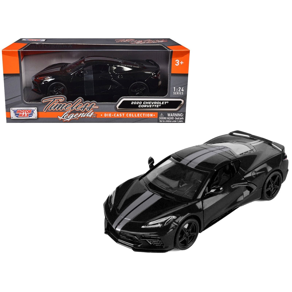 2020 Chevrolet Corvette C8 Stingray Black with Silver Stripes "Timeless Legends" Series 1/24 Diecast Model Car by Motormax-Motormax-ModelCars.com