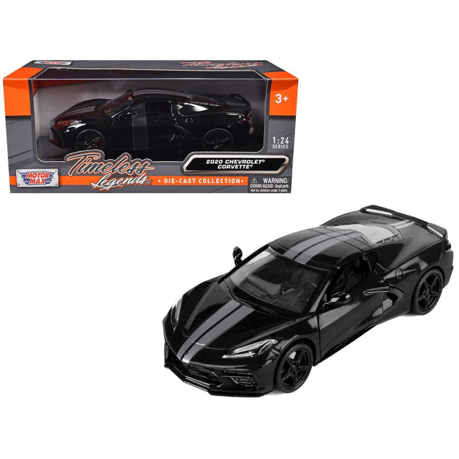 2020 Chevrolet Corvette C8 Stingray Black with Silver Stripes "Timeless Legends" Series 1/24 Diecast Model Car by Motormax-Motormax-ModelCars.com