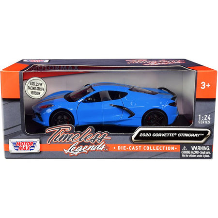 2020 Chevrolet Corvette C8 Stingray Blue with Silver Racing Stripes "Timeless Legends" 1/24 Diecast Model Car by Motormax - Motormax - ModelCars.com