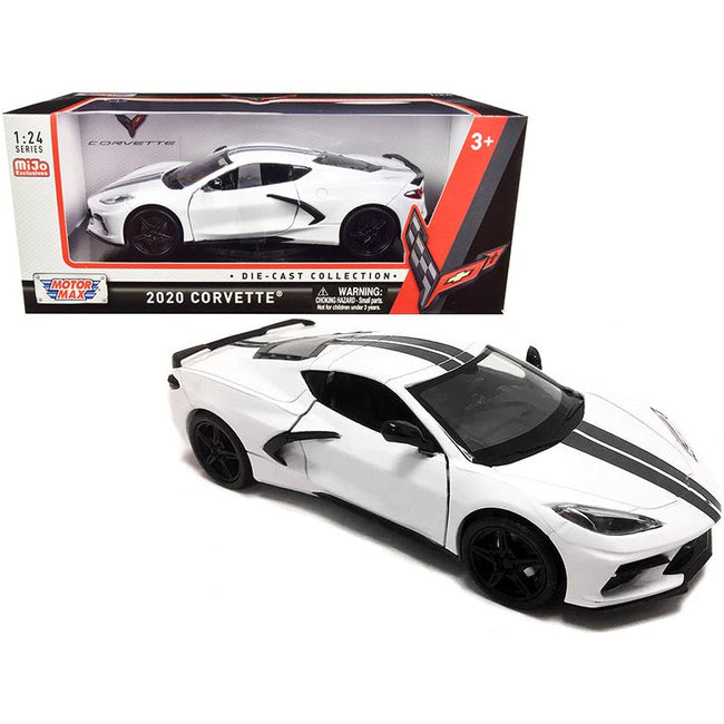 2020 Chevrolet Corvette C8 Stingray White with Gray Stripes 1/24 Diecast Model Car by Motormax - Motormax - ModelCars.com