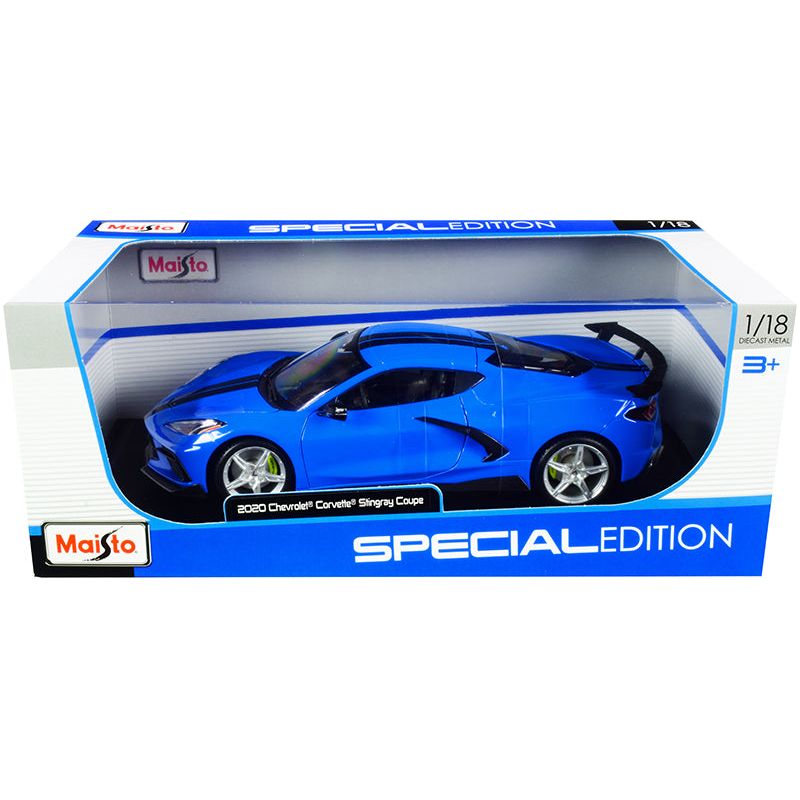 2020 Chevrolet Corvette Stingray C8 Coupe with High Wing Blue with Black Stripes 1/18 Diecast Model Car by Maisto - Maisto - ModelCars.com