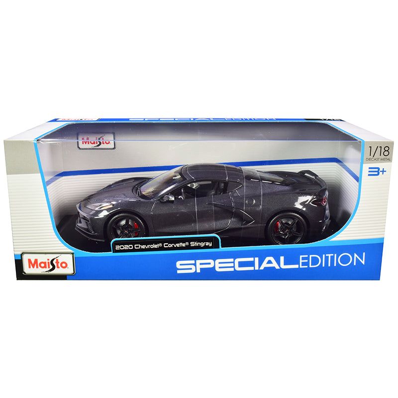2020 Chevrolet Corvette Stingray C8 Dark Gray Metallic with Racing Stripes 1/18 Diecast Model Car by Maisto - Maisto - ModelCars.com