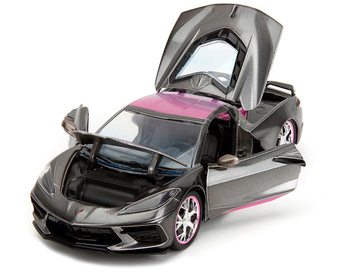 2020 Chevrolet Corvette Stingray Gray Metallic with Pink Carbon Hood and Top "Pink Slips" Series 1/24 Diecast Model Car by Jada-Jada-ModelCars.com