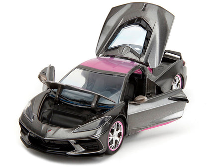 2020 Chevrolet Corvette Stingray Gray Metallic with Pink Carbon Hood and Top "Pink Slips" Series 1/24 Diecast Model Car by Jada-Jada-ModelCars.com