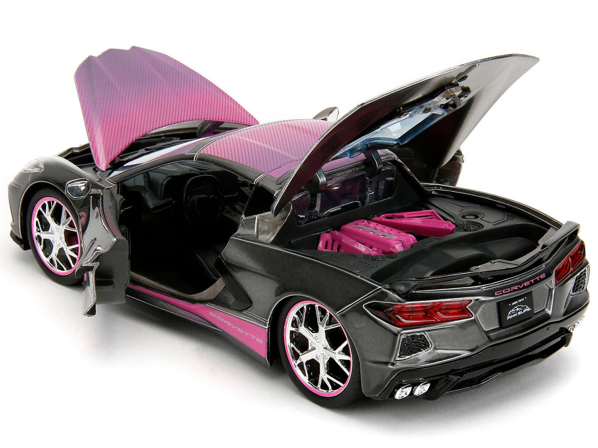 2020 Chevrolet Corvette Stingray Gray Metallic with Pink Carbon Hood and Top "Pink Slips" Series 1/24 Diecast Model Car by Jada-Jada-ModelCars.com