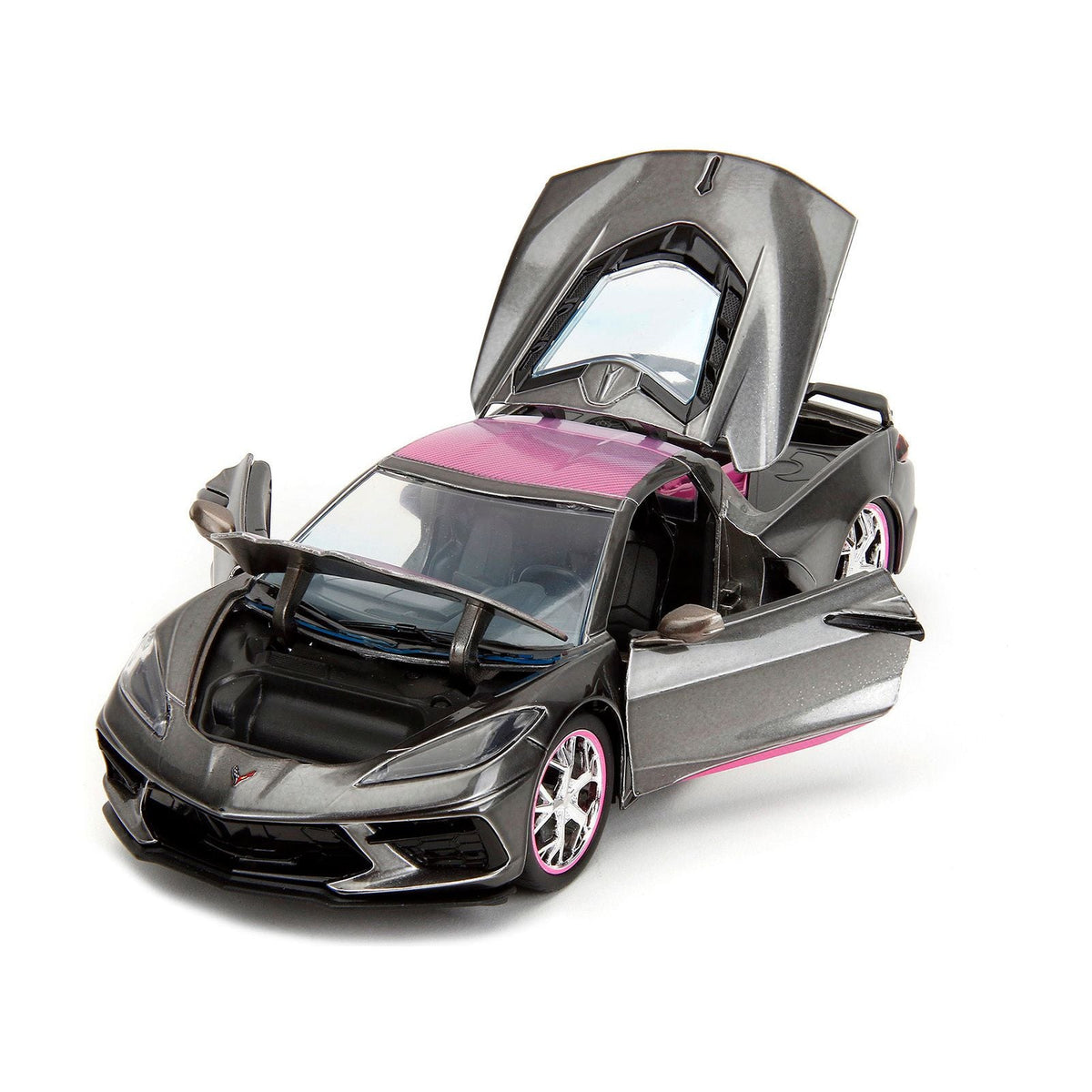 2020 Chevrolet Corvette Stingray Gray Metallic with Pink Carbon Hood and Top "Pink Slips" Series 1/24 Diecast Model Car by Jada - Jada - ModelCars.com