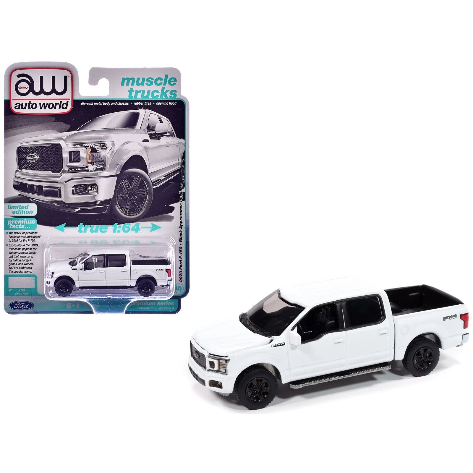 2020 Ford F - 150 FX4 Black Appearance Package Pickup Truck Oxford White "Muscle Trucks" Series 1/64 Diecast Model Car by Auto World - Autoworld - ModelCars.com