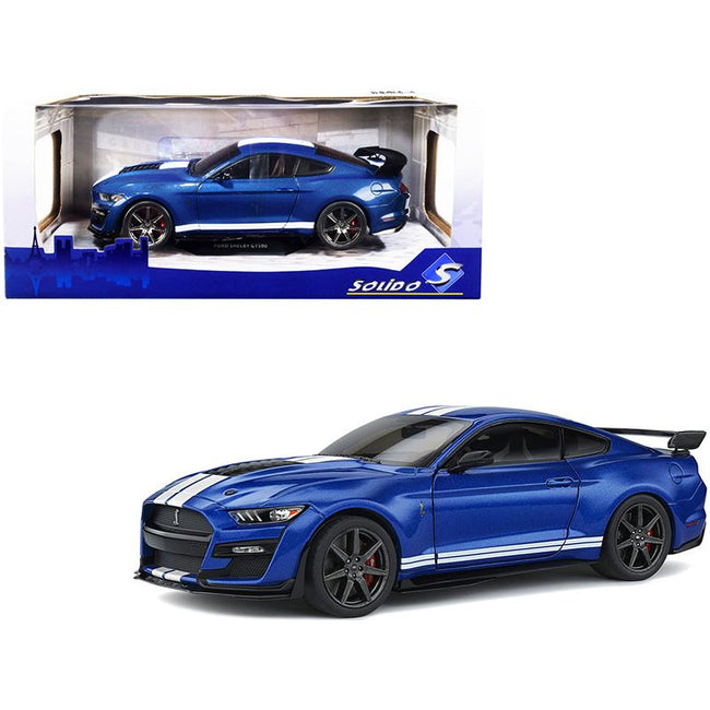 2020 Ford Mustang Shelby GT500 Fast Track Ford Performance Blue Metallic with White Stripes 1/18 Diecast Model Car by Solido - Solido - ModelCars.com