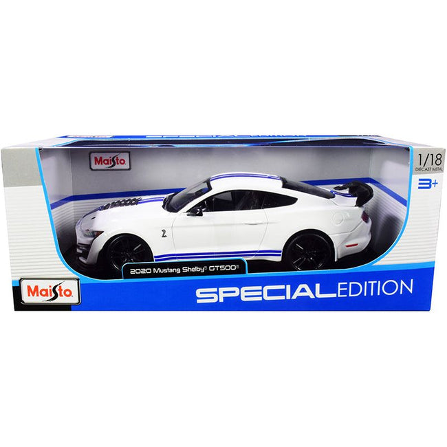 2020 Ford Mustang Shelby GT500 White with Blue Stripes "Special Edition" 1/18 Diecast Model Car by Maisto - Maisto - ModelCars.com