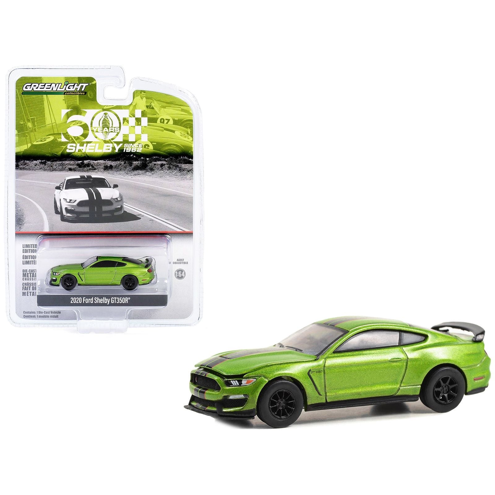 2020 Ford Shelby GT350R Lime Green Metallic with Black Stripes "Shelby 60 Years Since 1962" "Anniversary Collection" Series 16 1/64 Diecast Model Car by Greenlight - Greenlight - ModelCars.com