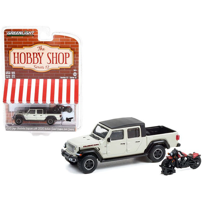 2020 Jeep Gladiator Rubicon Pickup Truck Beige with Black Top and 2020 Indian Scout Bobber Icon Series Motorcycle Red "The Hobby Shop" Series 12 1/64 Diecast Model Car by Greenlight-Greenlight-ModelCars.com