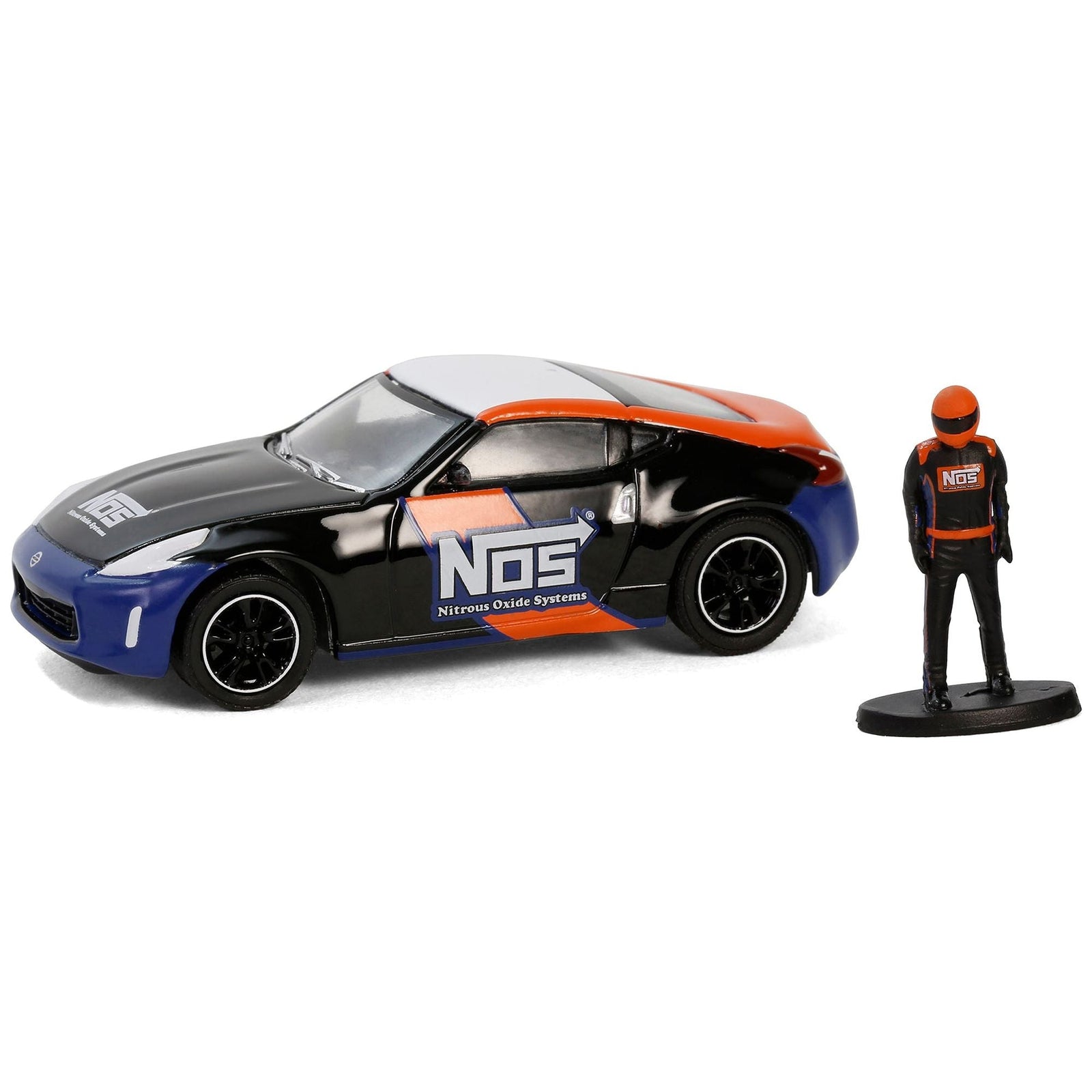 2020 Nissan 370z "NOS Nitrous Oxide Systems" Black with Graphics and Race Car Driver "The Hobby Shop" Series 16 1/64 Diecast Model Car by Greenlight - Greenlight - ModelCars.com