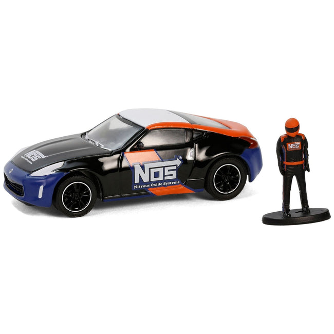2020 Nissan 370z "NOS Nitrous Oxide Systems" Black with Graphics and Race Car Driver "The Hobby Shop" Series 16 1/64 Diecast Model Car by Greenlight-Greenlight-ModelCars.com