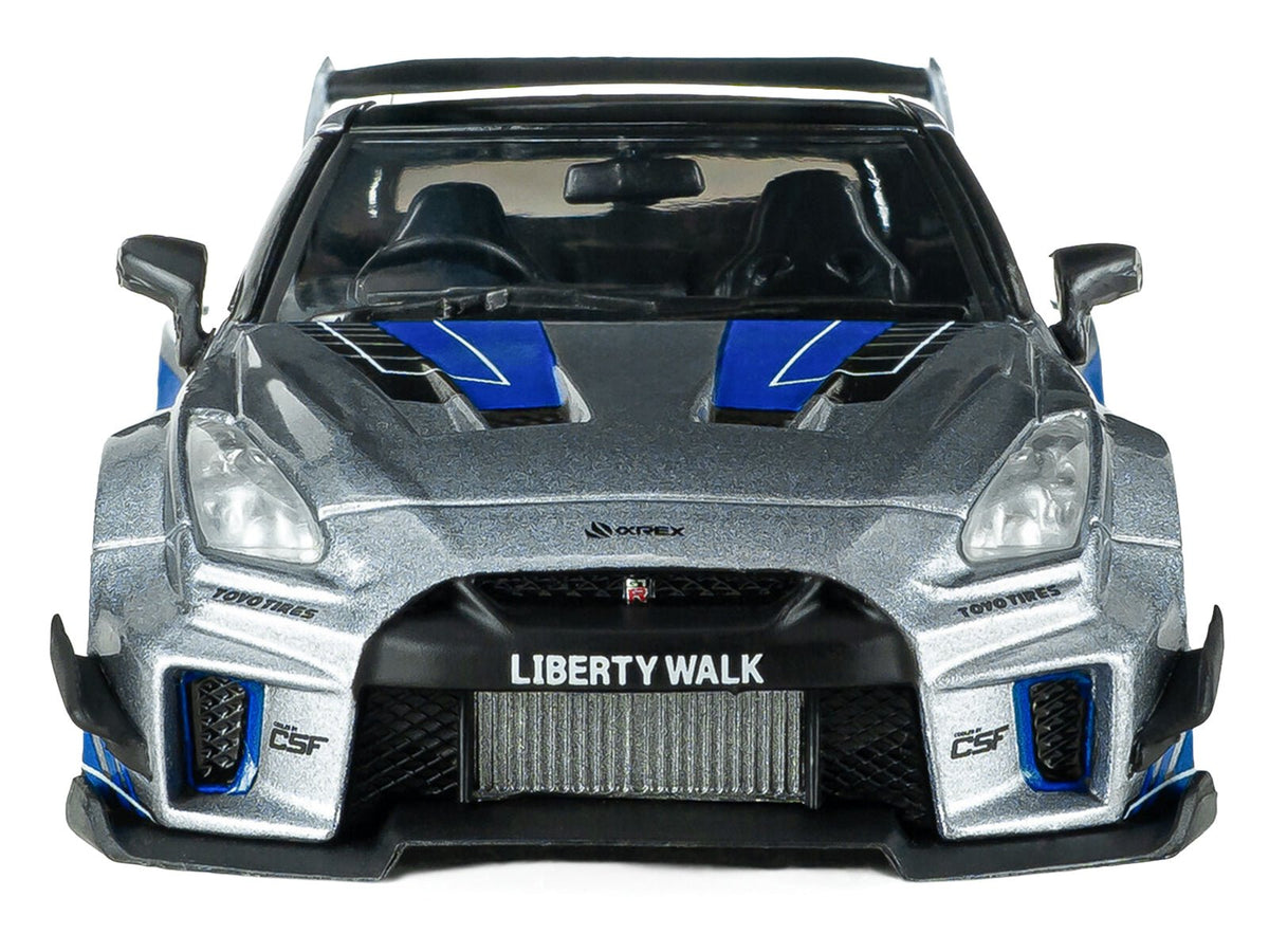 2020 Nissan GT-R (R35) Liberty Walk Silhouette RHD (Right Hand Drive) Silver Metallic with Black Top and Blue Graphics 1/43 Diecast Model Car by Solido-Solido-ModelCars.com