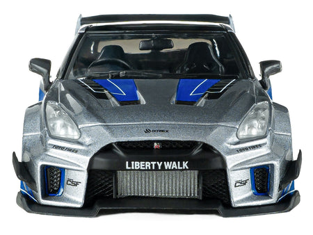 2020 Nissan GT-R (R35) Liberty Walk Silhouette RHD (Right Hand Drive) Silver Metallic with Black Top and Blue Graphics 1/43 Diecast Model Car by Solido-Solido-ModelCars.com
