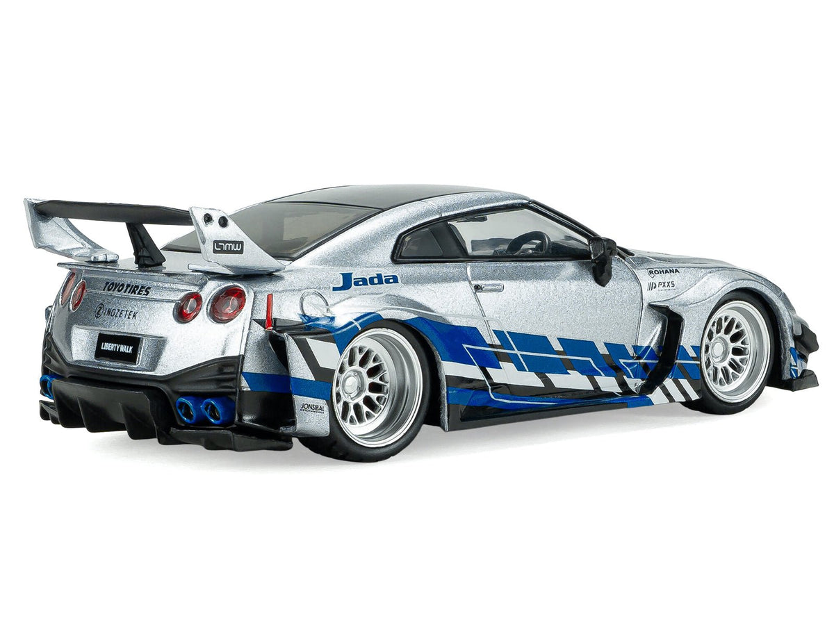 2020 Nissan GT-R (R35) Liberty Walk Silhouette RHD (Right Hand Drive) Silver Metallic with Black Top and Blue Graphics 1/43 Diecast Model Car by Solido-Solido-ModelCars.com