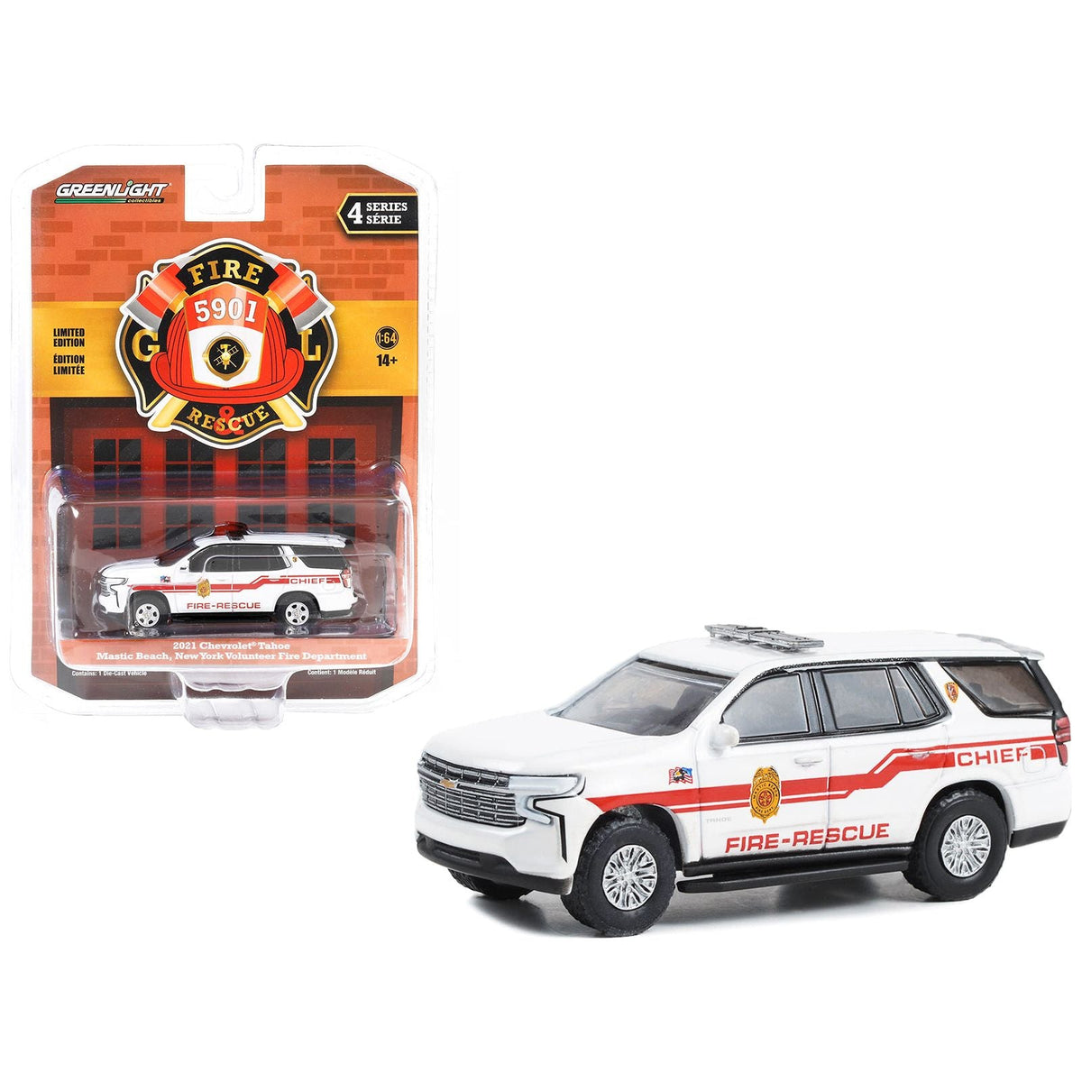 2021 Chevrolet Tahoe White with Red Stripes "Mastic Beach Fire - Rescue Chief - Mastic Beach Long Island New York" "Fire & Rescue" Series 4 1/64 Diecast Model Car by Greenlight - Greenlight - ModelCars.com