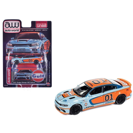 2021 Dodge Charger SRT Hellcat #01 "Gulf Oil-MOPAR" Light Blue and Orange Limited Edition to 4800 pieces Worldwide 1/64 Diecast Model Car by Auto World-Autoworld-ModelCars.com