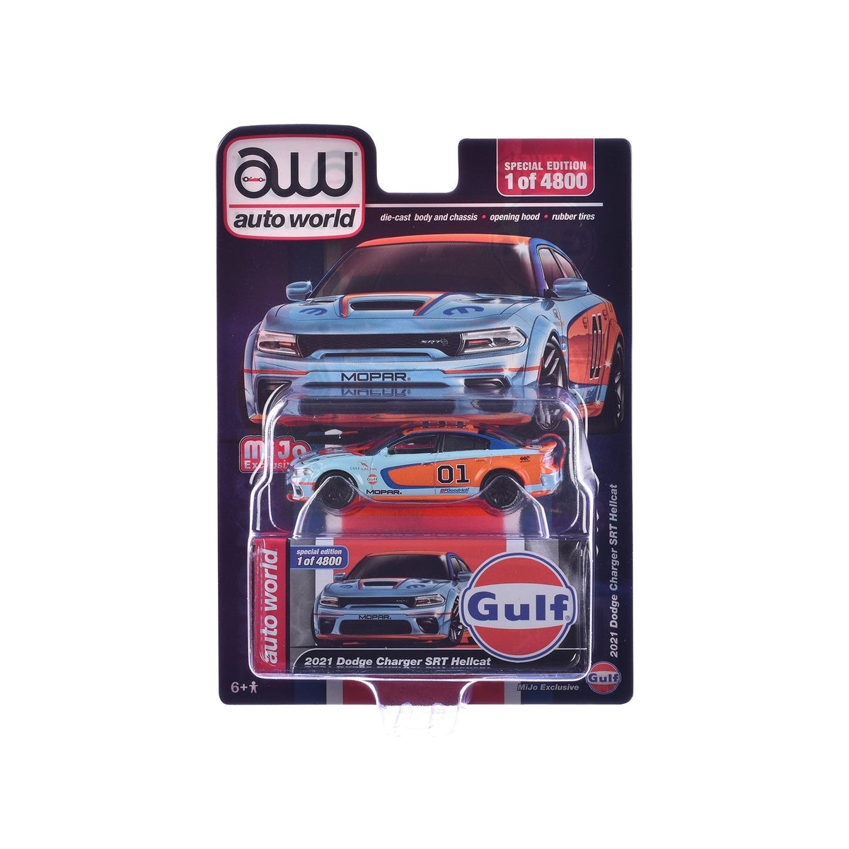 2021 Dodge Charger SRT Hellcat #01 "Gulf Oil-MOPAR" Light Blue and Orange Limited Edition to 4800 pieces Worldwide 1/64 Diecast Model Car by Auto World-Autoworld-ModelCars.com