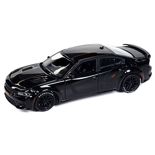 2021 Dodge Charger SRT Hellcat Black with Graphics and Orange Stripes Limited Edition to 4800 pieces Worldwide 1/64 Diecast Model Car by Auto World-Autoworld-ModelCars.com