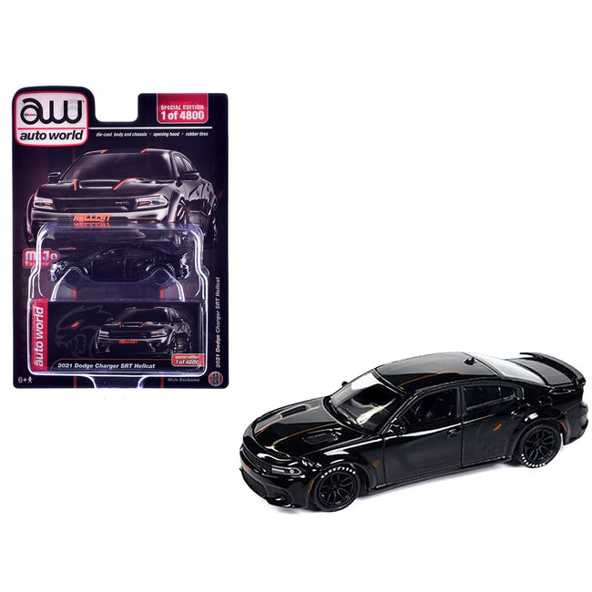 2021 Dodge Charger SRT Hellcat Black with Graphics and Orange Stripes Limited Edition to 4800 pieces Worldwide 1/64 Diecast Model Car by Auto World-Autoworld-ModelCars.com