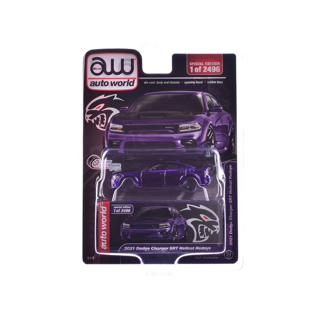 2021 Dodge Charger SRT Hellcat Redeye Purple Chrome with Black Hood Limited Edition to 2496 pieces Worldwide 1/64 Diecast Model Car by Auto World-Autoworld-ModelCars.com