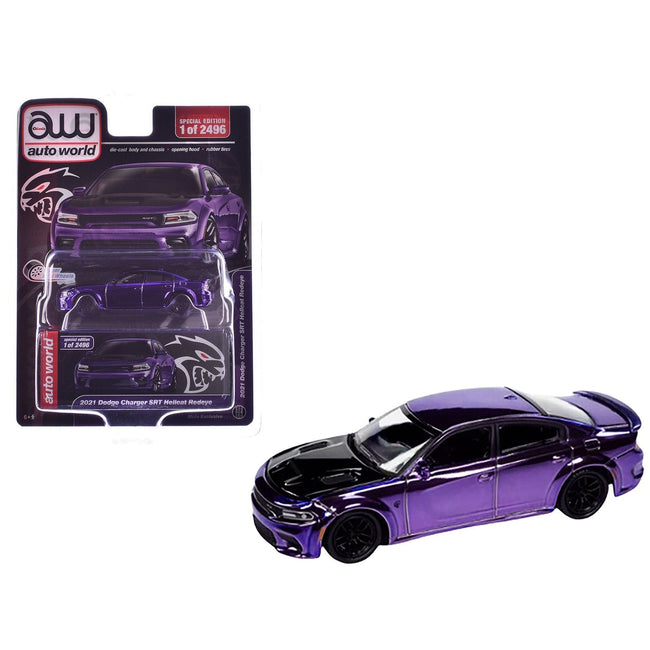 2021 Dodge Charger SRT Hellcat Redeye Purple Chrome with Black Hood Limited Edition to 2496 pieces Worldwide 1/64 Diecast Model Car by Auto World-Autoworld-ModelCars.com