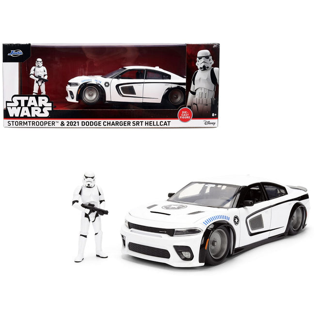 2021 Dodge Charger SRT Hellcat White with Graphics and Stormtrooper Figure "Star Wars" Franchise "Hollywood Rides" Series 1/24 Diecast Model Car by Jada-Jada-ModelCars.com