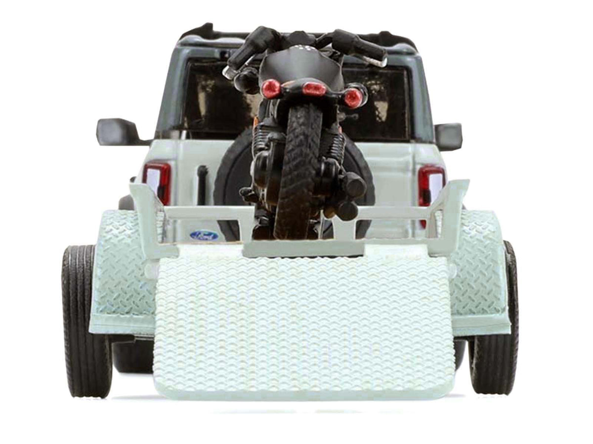 2021 Ford Bronco 4-Door Badlands Cactus Gray with Black Top and Motorcycle with Utility Trailer "Hitch & Tow" Series 33 1/64 Diecast Model Cars by Greenlight-Greenlight-ModelCars.com