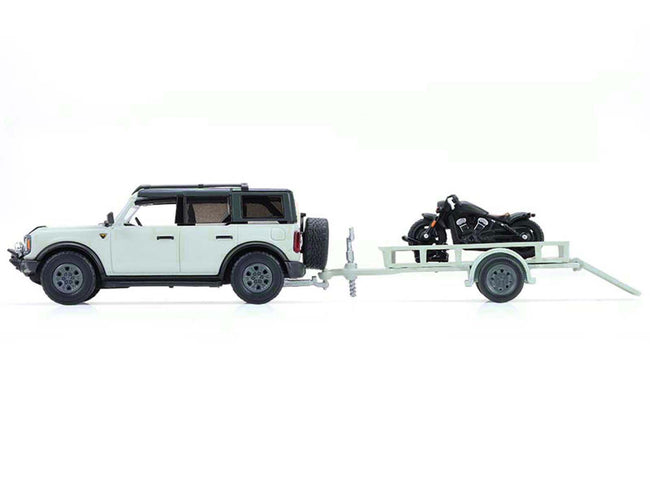2021 Ford Bronco 4-Door Badlands Cactus Gray with Black Top and Motorcycle with Utility Trailer "Hitch & Tow" Series 33 1/64 Diecast Model Cars by Greenlight-Greenlight-ModelCars.com