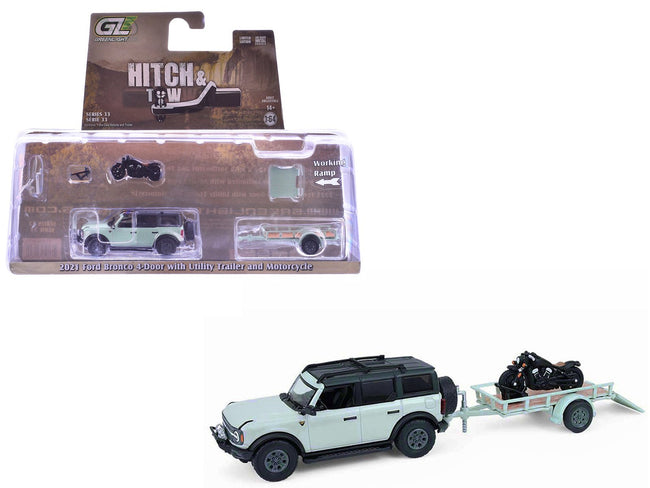 2021 Ford Bronco 4-Door Badlands Cactus Gray with Black Top and Motorcycle with Utility Trailer "Hitch & Tow" Series 33 1/64 Diecast Model Cars by Greenlight-Greenlight-ModelCars.com