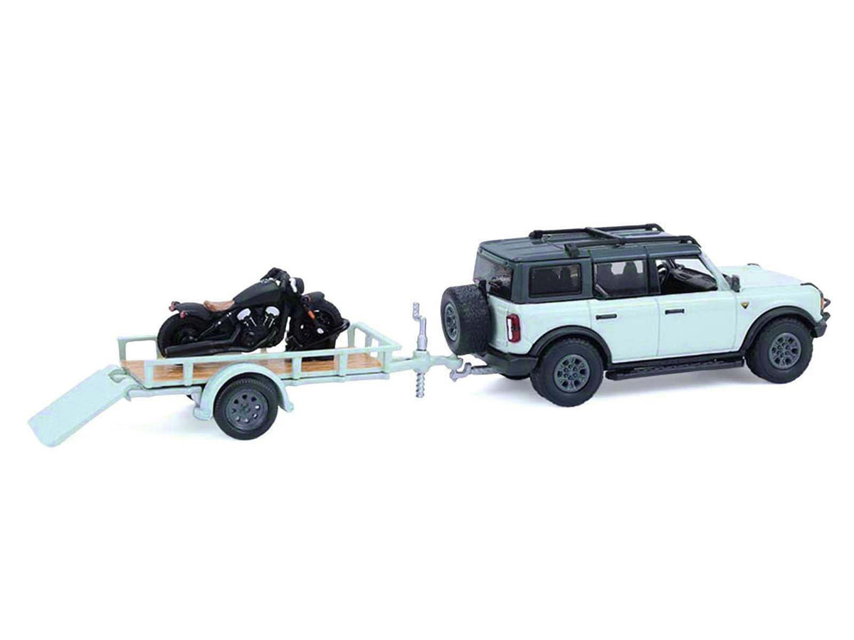 2021 Ford Bronco 4-Door Badlands Cactus Gray with Black Top and Motorcycle with Utility Trailer "Hitch & Tow" Series 33 1/64 Diecast Model Cars by Greenlight-Greenlight-ModelCars.com