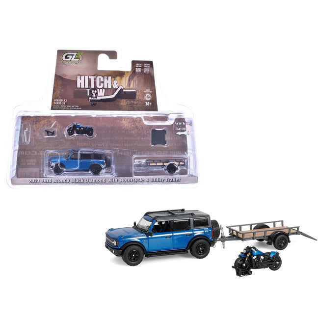 2021 Ford Bronco Black Diamond Velocity Blue Metallic with Black Top with Utility Trailer and Motorcycle "Hitch & Tow" Series 32 1/64 Diecast Model Cars by Greenlight-Greenlight-ModelCars.com