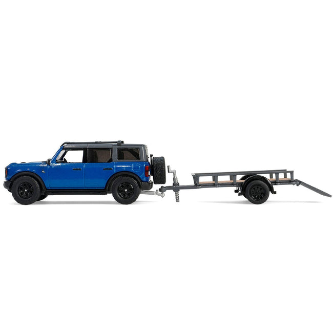 2021 Ford Bronco Black Diamond Velocity Blue Metallic with Black Top with Utility Trailer and Motorcycle "Hitch & Tow" Series 32 1/64 Diecast Model Cars by Greenlight-Greenlight-ModelCars.com