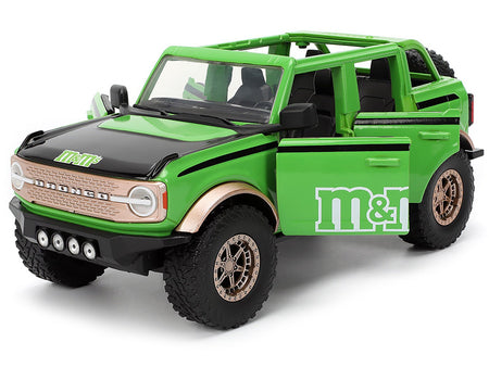 2021 Ford Bronco Green with Black Stripes and Green M&M's Diecast Figure "Hollywood Rides" Series 1/24 Diecast Model Car by Jada-Jada-ModelCars.com