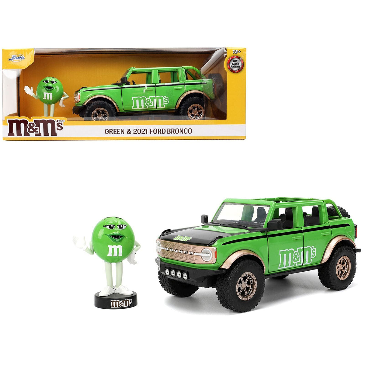 2021 Ford Bronco Green with Black Stripes and Green M&M's Diecast Figure "Hollywood Rides" Series 1/24 Diecast Model Car by Jada-Jada-ModelCars.com