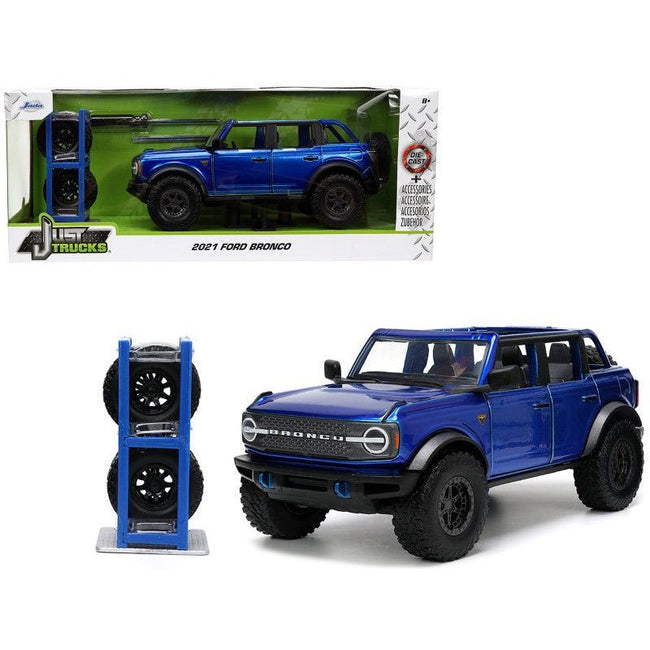 2021 Ford Bronco Open - Top Candy Blue Metallic with Extra Wheels "Just Trucks" Series 1/24 Diecast Model Car by Jada - Jada - ModelCars.com