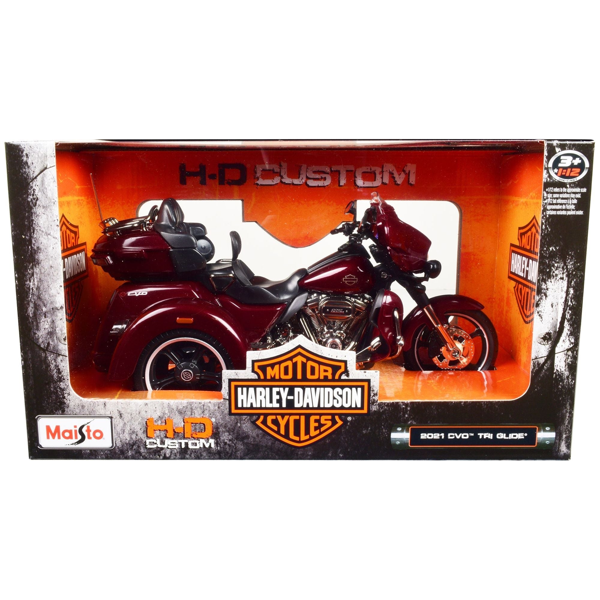 2021 Harley Davidson CVO Tri Glide Motorcycle Dark Red Metallic "H - D Custom" 1/12 Diecast Model Car by Maisto - Maisto - ModelCars.com