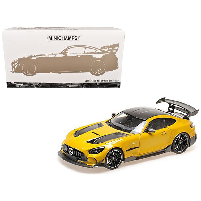 2021 Mercedes-Benz AMG GT Black Series Solarbeam Yellow Metallic with Black Top and Hood Stripes 1/18 Diecast Model Car by Minichamps-Minichamps-ModelCars.com