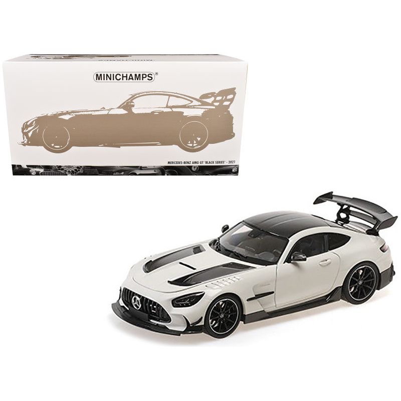 2021 Mercedes - Benz AMG GT Black Series White Metallic with Black Top and Hood Stripes 1/18 Diecast Model Car by Minichamps - Minichamps - ModelCars.com