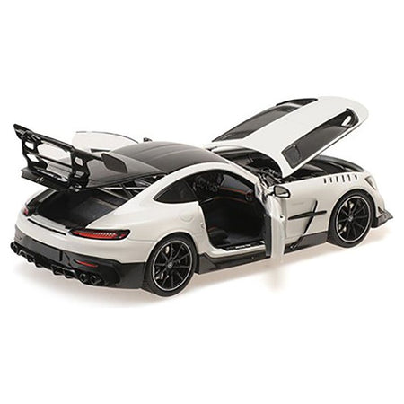 2021 Mercedes - Benz AMG GT Black Series White Metallic with Black Top and Hood Stripes 1/18 Diecast Model Car by Minichamps - Minichamps - ModelCars.com