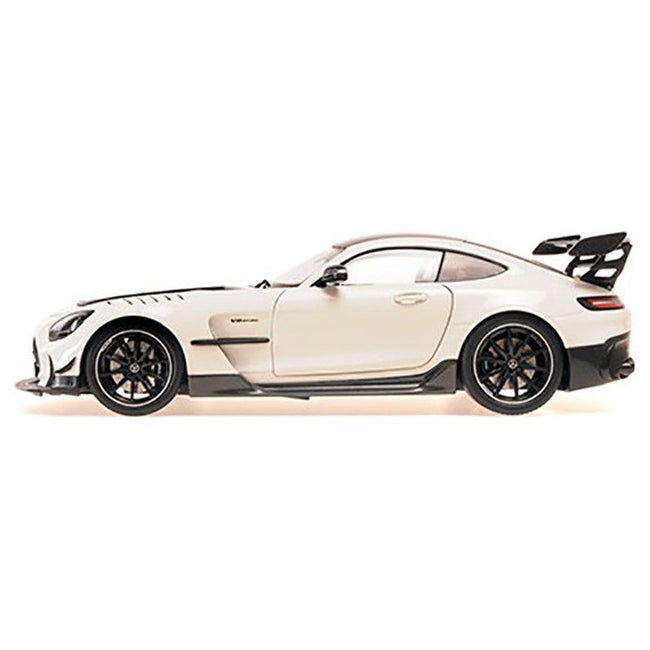 2021 Mercedes-Benz AMG GT Black Series White Metallic with Black Top and Hood Stripes 1/18 Diecast Model Car by Minichamps-Minichamps-ModelCars.com