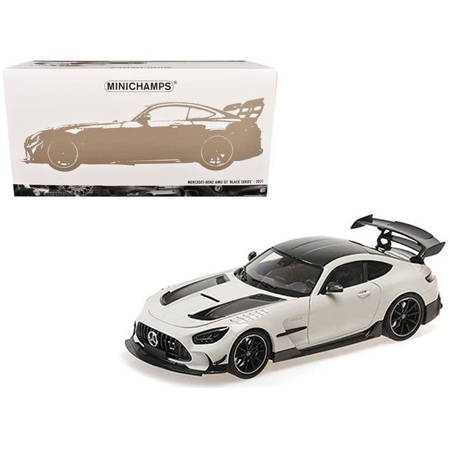 2021 Mercedes-Benz AMG GT Black Series White Metallic with Black Top and Hood Stripes 1/18 Diecast Model Car by Minichamps-Minichamps-ModelCars.com