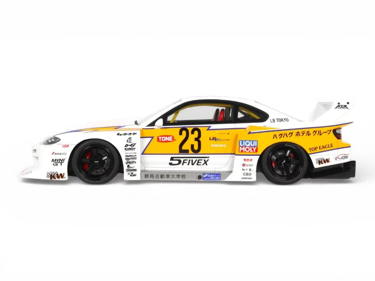 2021 Nissan Silvia (S15) LB-Super Silhouette RHD (Right Hand Drive) 23 White with Yellow Stripes 1/18 Model Car by GT Spirit-GT Spirit-ModelCars.com