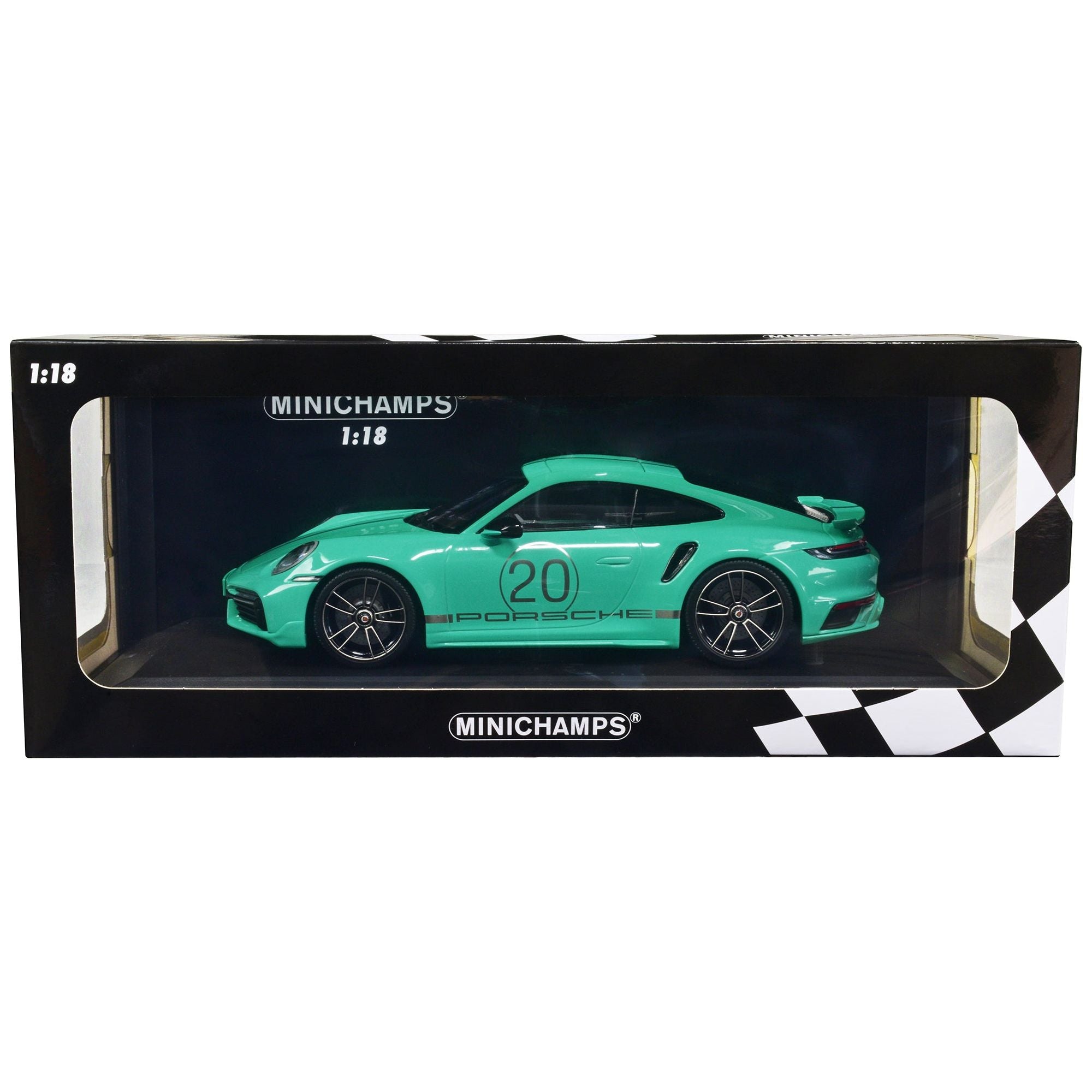 2021 Porsche 911 Turbo S with SportDesign Package 20 Green with Silver Stripes Limited Edition to 504 pieces Worldwide 1/18 Diecast Model Car by Minichamps - Minichamps - ModelCars.com
