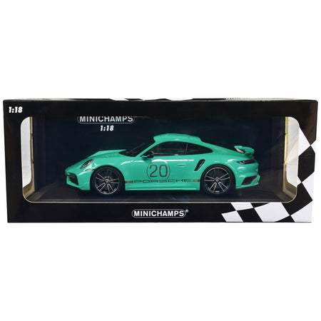 2021 Porsche 911 Turbo S with SportDesign Package 20 Green with Silver Stripes Limited Edition to 504 pieces Worldwide 1/18 Diecast Model Car by Minichamps - Minichamps - ModelCars.com