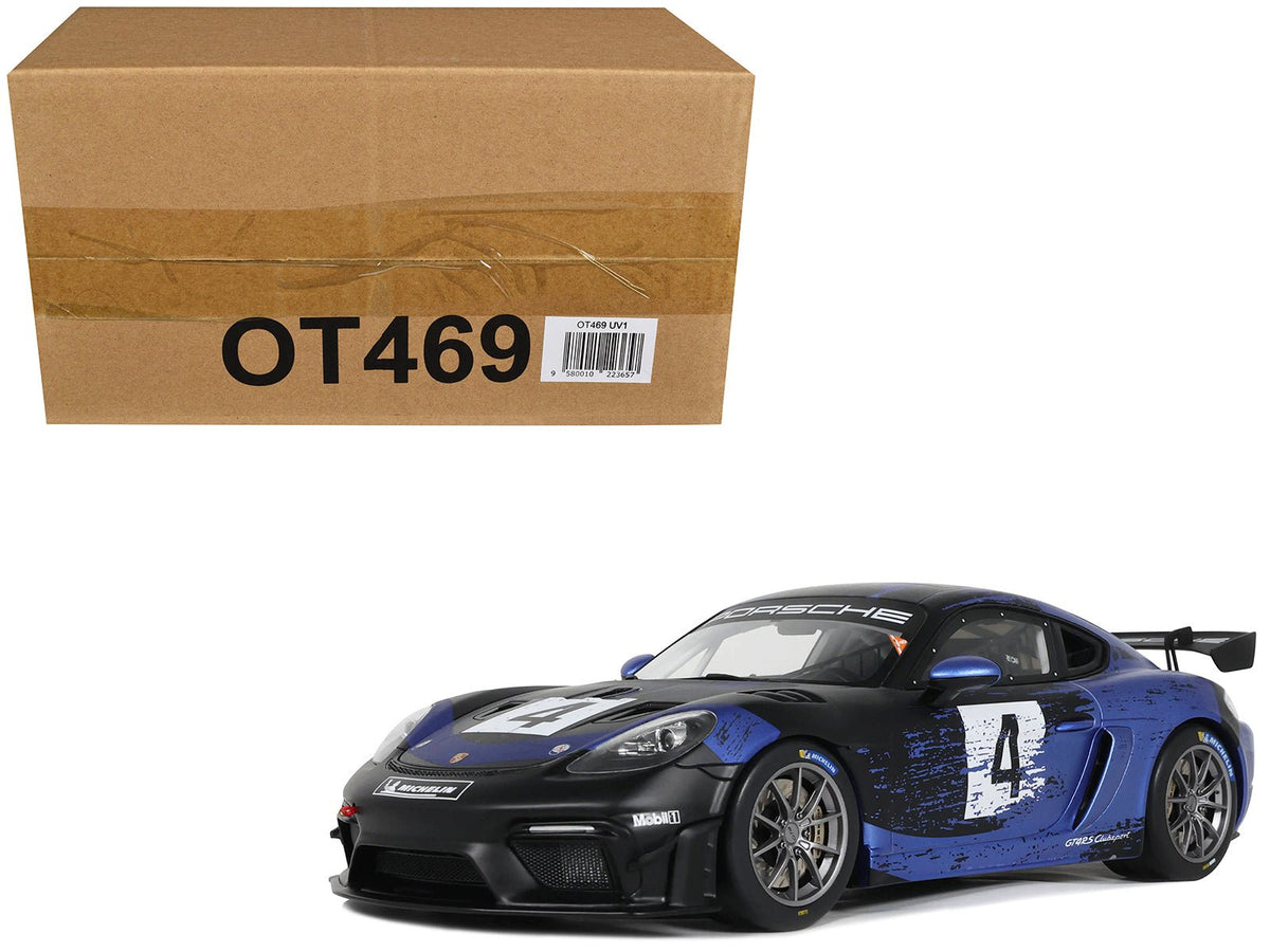 2021 Porsche Cayman 718 GT4 RS Clubsport 4 Black with Blue Graphics Limited Edition to 999 pieces Worldwide 1/18 Model Car by Otto Mobile-Otto Mobile-ModelCars.com