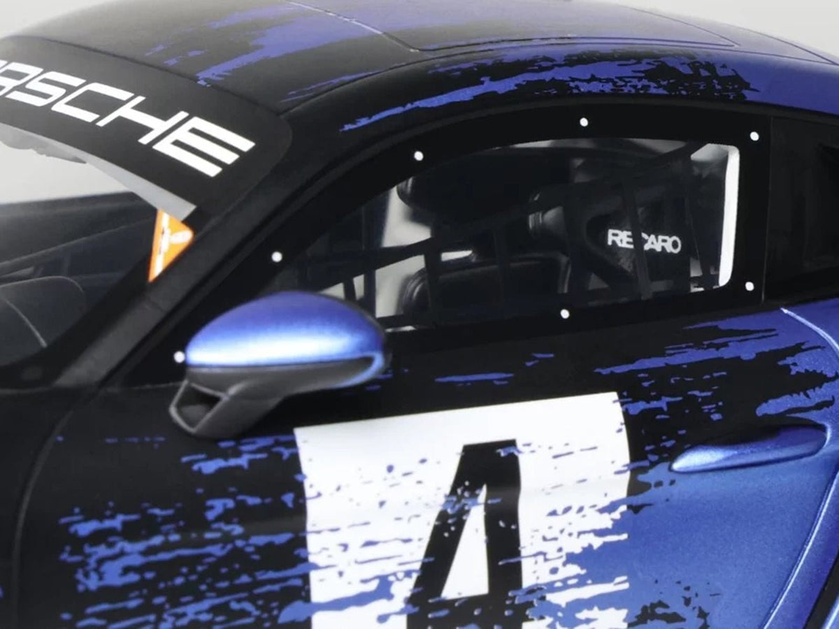 2021 Porsche Cayman 718 GT4 RS Clubsport 4 Black with Blue Graphics Limited Edition to 999 pieces Worldwide 1/18 Model Car by Otto Mobile-Otto Mobile-ModelCars.com