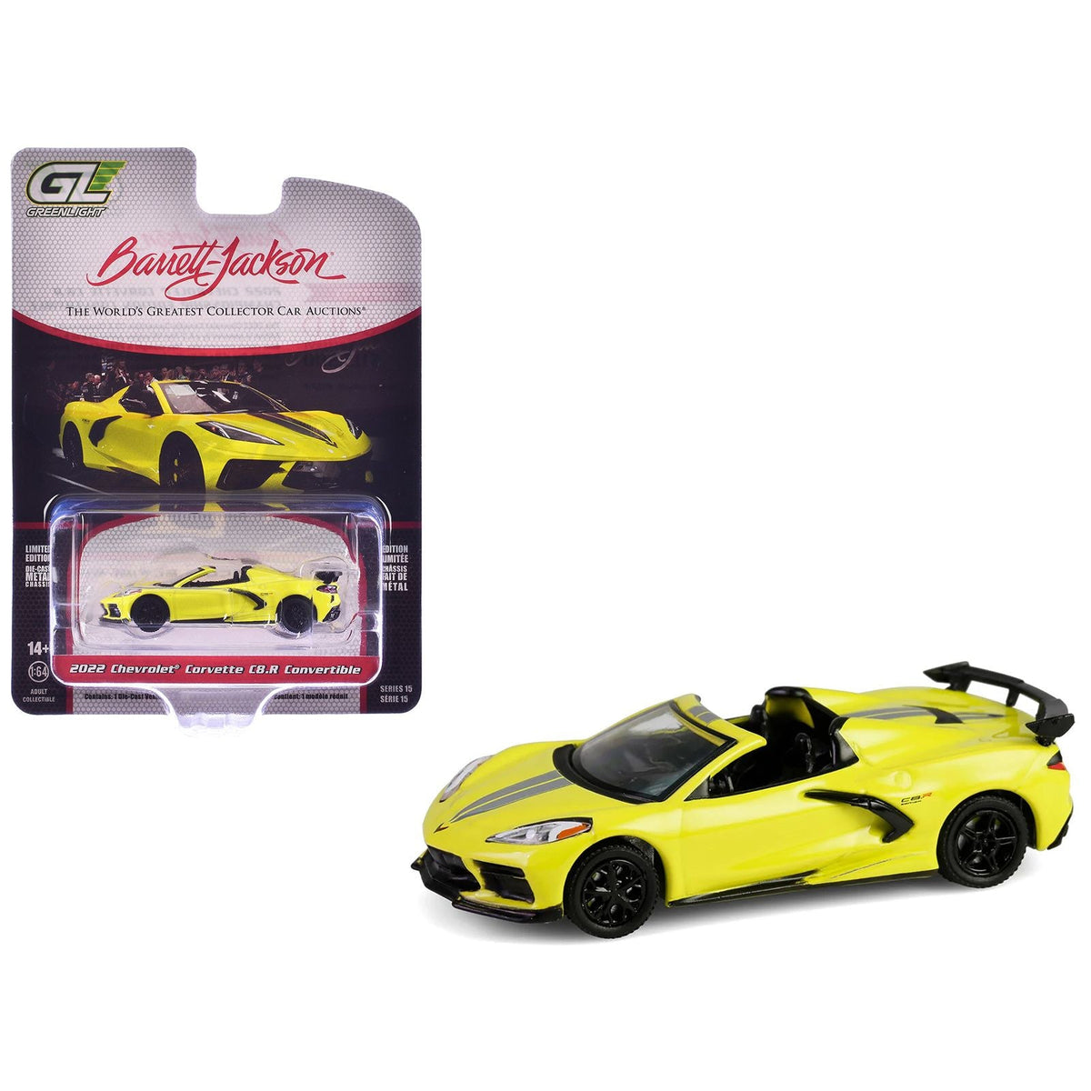 2022 Chevrolet Corvette C8.R Convertible Yellow with Silver Stripes "Barrett-Jackson" Series 15 1/64 Diecast Model Car by Greenlight-Greenlight-ModelCars.com
