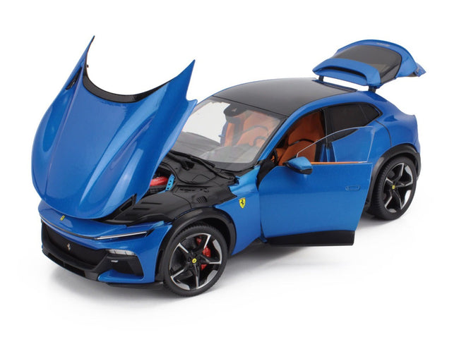 2022 Ferrari Purosangue Blu Corsa Blue Metallic with Black Top and Orange Interior 1/18 Diecast Model Car by Polistil-Polistil-ModelCars.com